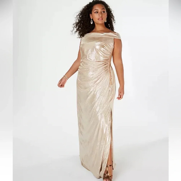 Calvin Klein Plus Size Metallic Off the Shoulder Gown - Picture 1 of 8